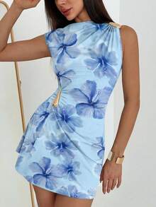 Vestido de Mujer con Mangas Tipo Paraguas y Volantes con Decoración Metálica - Celeste 2 - Ver 5