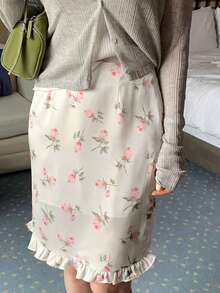 DAZY Women's Elegant Floral Print Ruffle Hem Skirt, Vacation Style - Apricot - View 4