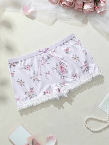 SHEIN 大码女式可爱花卉蝴蝶结装饰三角裤 - 紫色 - 查看 4