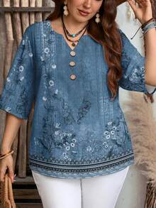 EMERY ROSE Women's Casual Floral Print Shirt,Summer Top - Blue - View 6