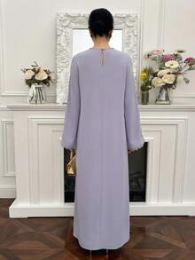 Yasmyna Women's Elegant Shoulder Cutout Flare Sleeve Contrast Lace Loose Arabic Style Dress - Purple - View 2