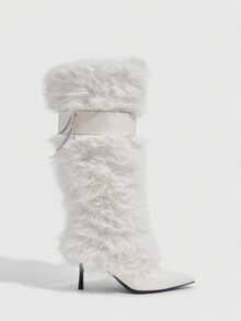 CUCCOO SZL Women's Pointed Toe Buckle Design Faux Fur Fashion High Heel Knee-High Boots - White - View 2