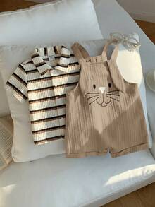 SHEIN 2件套男女宝宝休闲可爱假日针织彩色条纹短袖T恤和卡通兔子印花蓝色背带裤连体衣套装，夏季 - 彩色 - 查看 5