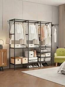1pc Hanger & Storage Rack + Thickened Hook Set, Freestanding Space-Saving Structure, Quick Assembly Without Complex Tools, Black/White Stylish Design Matches Any Decor, Stores Clothes, Shoes & Accessories In One Step, Ideal For 92 Usage Scenarios, Recommended By 68 Home Tests, Strong Load Capacity & Sturdy Without Sway, Keeps Your Space Neat And Organized. - Multicolor - View 10