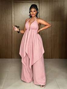 Maweii Plus Size Backless Tie-Up Asymmetric Hem Sexy 2 Pieces Set, Suitable For Dates & Vacations - Pink - View 5