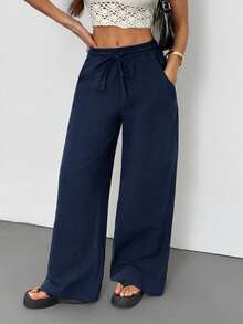 SHEIN Tall Quần nữ mùa hè/mọi mùa, phong cách đồng quê, đi xem hòa nhạc, đi biển, boho, tối giản, chất liệu 100% cotton, ống quần cong. - Màu xanh hải quân - Xem 6