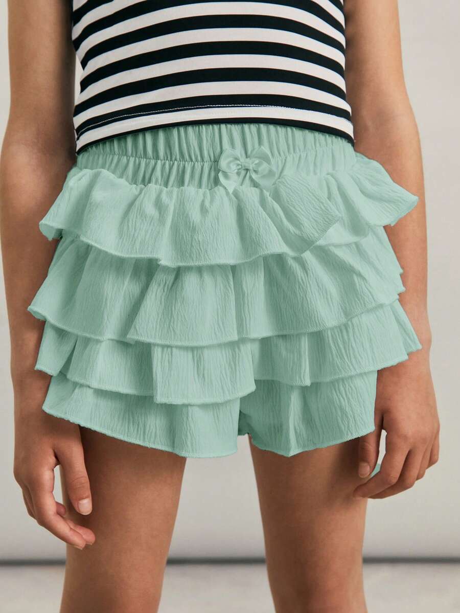 SHEIN Tween Girls' Casual Solid Color Skirt Shorts - Mint Green - View 1