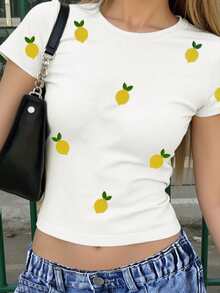 Teen Girls Cropped Fruit Pattern T-Shirt, Versatile For Casual Outings, Suitable For Spring, Summer, Fall, All-Match Fitted Tee, White - White - View 3