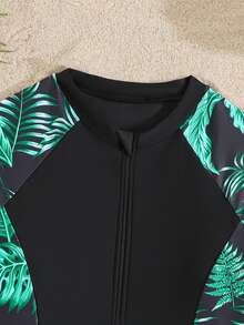 SHEIN 少女热带花卉树叶印花比基尼套装，长袖拼接浅粉色豹纹印花，半拉链设计，樱花粉与豹纹印花相配，两件套，时尚休闲优雅，适合游泳、夏季度假、海滩、泳池。 - 黑色 - 查看 4