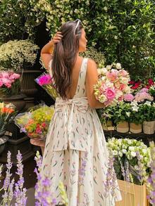 MOD Vestido largo rosa con estampado de tulipanes, romántico y soñador, con espalda abierta y lazo maxi en la espalda - Ideal para fiesta de té en el jardín, cita, fiesta, vestido de verano y primavera para mujer, ropa de playa, vacaciones de primavera, picnic, festival, atuendo de cumpleaños - Multicolor - Ver 10