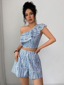 SHEIN LUNE 女款夏季度假全印花荷葉邊單肩上衣與短褲兩件套 - 藍色 - 查看 4
