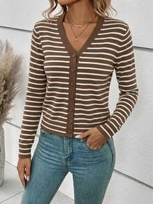 SHEIN Frenchy Áo khoác cardigan mỏng nhẹ kẻ sọc nâu trắng, phong cách tối giản, thích hợp cho mùa xuân/hè, đầu thu, hè, kỳ nghỉ, đi làm hàng ngày, hẹn hò, tụ họp, thu/đông, tiệc tùng, đám cưới, bãi biển, lễ tốt nghiệp, thời trang, thanh lịch, thường ngày, đi chơi, hẹn hò, cuộc hẹn, đi làm, bóng bẩy, sang trọng, kỳ nghỉ, thường ngày, Y2K, đi chơi, lễ tốt nghiệp, v.v. - Nhiều màu - Xem 6