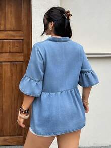 EMERY ROSE Plus Size Women Summer Casual Washed Denim Blouse Formal Vacation Light Blue - Blue - View 2