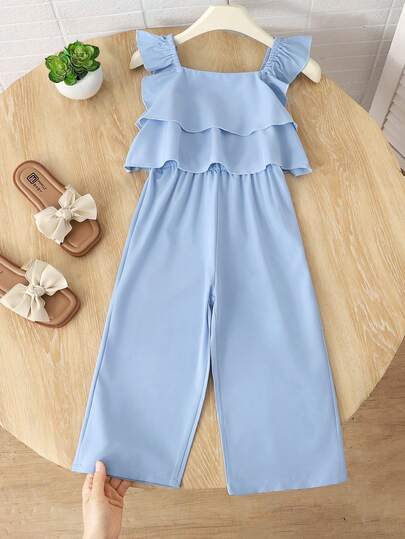 Genkimix Kids Girls (Small) Ruffle Layered Casual Long Pants, Suitable For Vacation, Summer