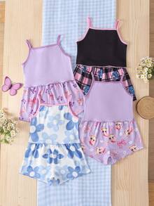 (Envío de 1 set aleatorio de 4 sets) Shorts con tirantes para niña, tela de punto con volantes, patrones lindos de conejo, figura y cuadros, pijamas suaves y cómodos, mejor regalo para niña - Blanco - Ver 3