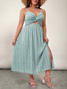 SHEIN LUNE Plus Size Women's Sleeveless Twist Knot Cami Summer Dress - Green - View 4