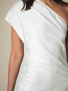 KSTM One-Shoulder Satin Maxi Dress With Ruched Side Detail Elegant Evening Gown For Formal Occasions - Beige - View 4