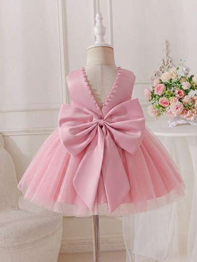 Glamorique Kids 女婴薄纱珍珠蝴蝶公主裙，粉色派对礼服