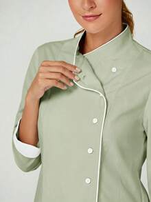TaskEZ Women's Contrast Color Button-Up Collar Long Sleeve Work Uniform Chef Jacket In 3- 4th Sleeve For Women - Mint Green - View 6