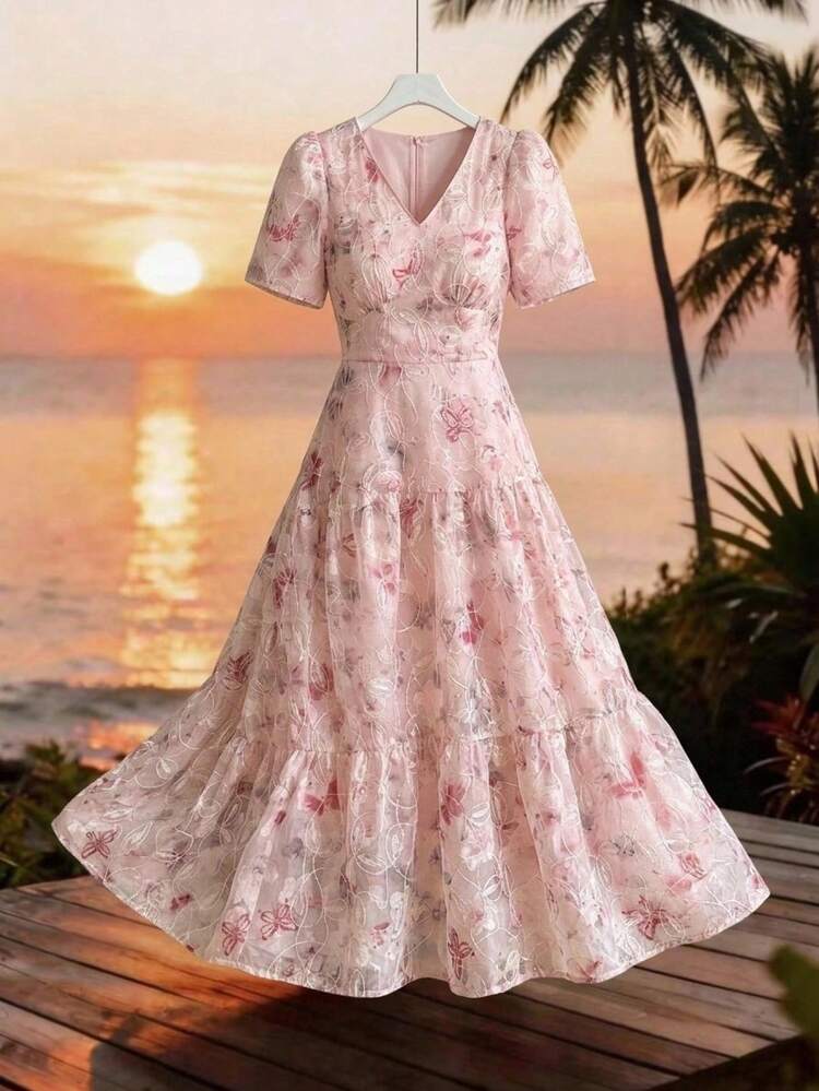 Women's Casual Elegant All-Over Floral Print Mid-Length Dress, Suitable For Spring And Summer, Festive Outfit Boho Sun Dresses For Women Vacation Outfits Women