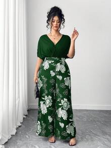 Elenzga 大码印花V领优雅短袖连体裤 - 墨綠色 - 查看 4