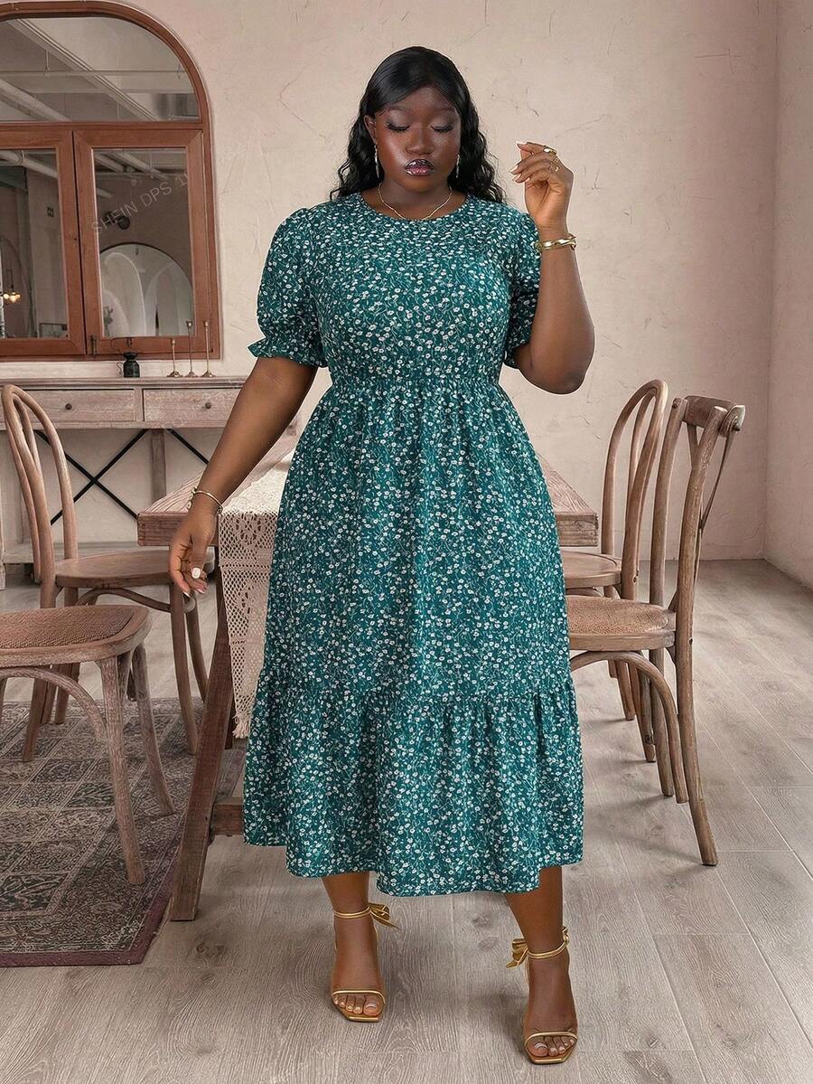 CurvyTilda Plus Size Boho Vacation Leisure Puff Sleeve Ditsy Floral Long Dress With Cinched Waist, For Summer, Beach Dress Sundress, Holiday Outfits Elegant, For Hourglass Body Shape - Multicolor - View 1