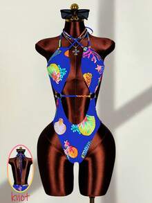 Zestiva Traje de baño de una pieza con estampado, escote halter y diseño hueco en forma de cruz, para mujer, primavera/verano - azul real - Ver 1
