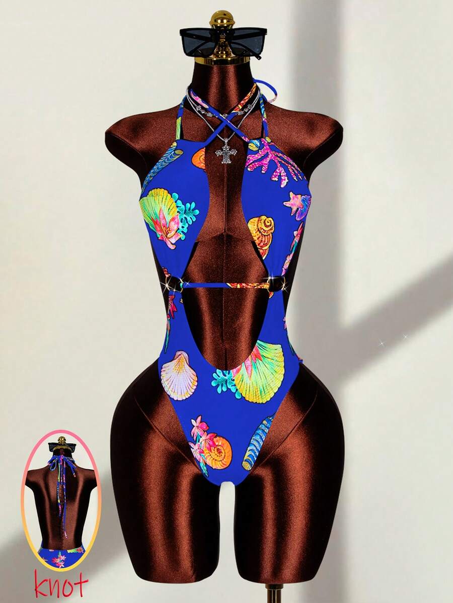 Zestiva Traje de baño de una pieza con estampado, escote halter y diseño hueco en forma de cruz, para mujer, primavera/verano - azul real - Ver 1
