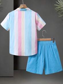 SHEIN 2pcs/Set Kids/Tween Boys' Casual Striped Shirt And Shorts Set, Suitable For School, Commute, Daily Wear, Sports, Spring/Summer - Blue - View 2