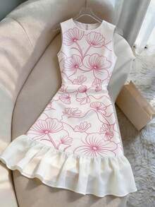 SHEIN Franclia Đầm chiffon in kỹ thuật số cổ tròn không tay mới năm 2026 dành cho nữ, kiểu dáng thanh lịch, thích hợp mặc ở nhà và mặc hàng ngày, thiết kế dây rút ở eo, phù hợp cho kỳ nghỉ biển. - Nhiều màu - Xem 3