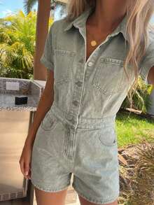 DAZY Quần yếm denim nữ có túi cài nút, kiểu dáng thường ngày. - xanh quân đội - Xem 4