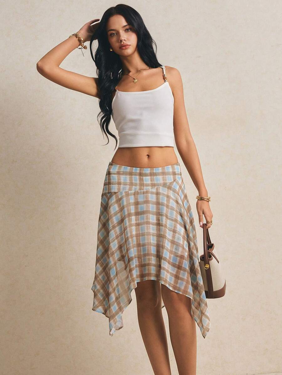 Poéselle 女款格紋不對稱下擺時尚百搭中長裙 高腰不對稱手帕裙擺 秋季休閒波希米亞風 海灘度假淺藍色下身裙