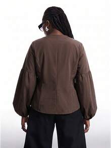 SHEIN EZwear 大码新款简约女士纯色荷叶边泡泡袖时尚衬衫，灯笼袖衬衫，泡泡袖衬衫，棕色衬衫，优雅咖啡棕色长袖衬衫 - 棕色 - 查看 2