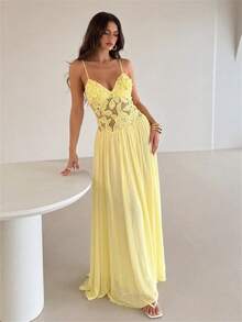 Aloruh Đầm chiffon ôm dáng thanh lịch dành cho nữ, viền ren tan trong nước, màu vàng nhạt. - Vàng nhạt - Xem 2
