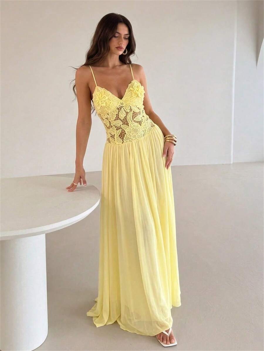 Aloruh Đầm chiffon ôm dáng thanh lịch dành cho nữ, viền ren tan trong nước, màu vàng nhạt.