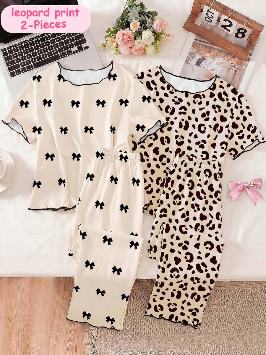 Genkimix Kids 少女睡衣套装,休闲时尚豹纹T恤配荷叶边领,宽松印花长裤,日常居家服1套 - 杏色 - 查看 1