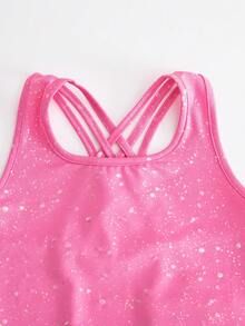 SHEIN 2件套女童纯色针织吊带背心和短裤运动服套装 - 玫紅色 - 查看 10