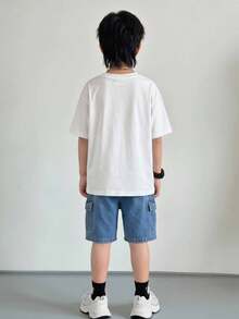 SHEIN 2件套儿童/青少年男童休闲百搭舒适圆领宽松短袖针织T恤和牛仔短裤套装，适合返校穿着 - 棕色 - 查看 2