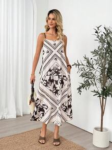 Easowa Vestido de muñeca con cuello cuadrado, bolsillo en diagonal y línea A, vestido de tirantes finos, estampado geométrico retro, casual, holgado, elegante, estilo vintage para uso diario, primavera/verano - Multicolor - Ver 5
