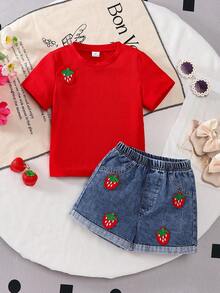 Souflis Girls' Strawberry Print Short Sleeve Denim Set, Cute And Energetic. Bright Red Short Sleeve Top With 1 Dimensional Strawberry Decor, Lively And Playful. Denim Shorts With Multiple Strawberry Decorations Matching The Top Details, Cuffed Hem Design, Elastic Waist For Easy Wear. Suitable For Spring/Summer Casual Outings And Play. - Red - View 3