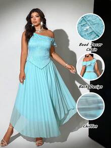 Viva Relle Plus Size Women's Summer Elegant Brown Wedding Gym Guest 2-Piece Set, Beaded Waist Top Pleated Chiffon Long Skirt Suit, Luxury Gala Bridesmaid - Multicolor - View 1