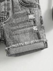 SHEIN Baby Boy Casual Washed Distressed Elastic Waist Denim Shorts, Summer - Light Wash - View 3