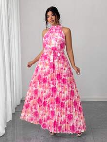Elenzga Plus Size Women Elegant Romantic Ditsy Floral Halter Neck Pleated Flowy Waist Maxi Dress - Multicolor - View 3