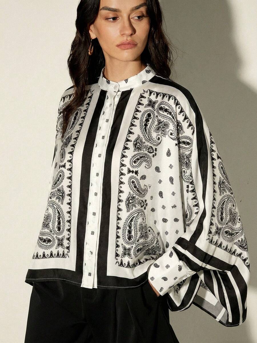 Frievida Commuting Retro Color Block Positioning Print Design Long Sleeve Loose Blouse With Vacation Vibe - Multicolor - View 1
