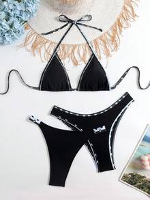 Elavelle 3pcs Solid Color Bikini Set, Women Swimwear For Spa & Holiday - Black - View 1