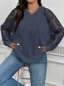 INAWLY Sudadera con capucha blanca con aplicación de encaje para mujer talla grande, ideal para otoño, graduación, regreso a clases, maestros, otoño e invierno - Azul Marino - Ver 3