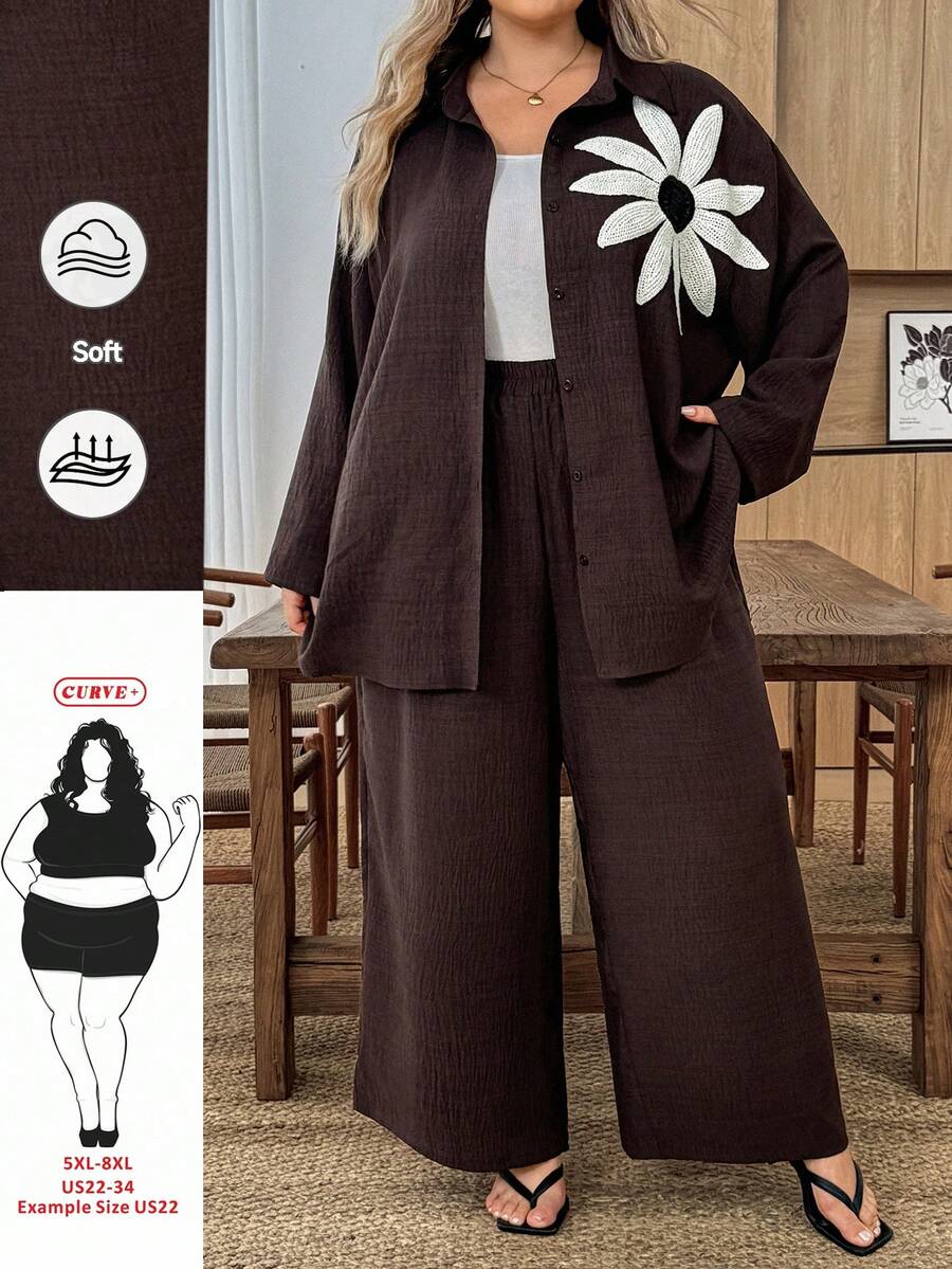 SHEIN CURVE+ 大码女式纹理宽松单排扣花卉钩编装饰长袖衬衫和休闲裤两件套 - 巧克力棕 - 查看 1