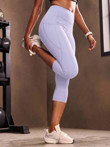 Powerista Women's Casual Solid Color High Waist Pocket Sports Leggings - Lilac Purple - View 4