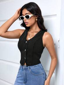 Women's Casual One-Button Denim Jacket For Summer - Black - View 3