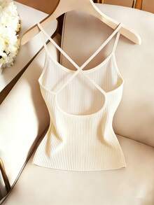 SHEIN Franclia Áo tank top dệt kim gân sọc hở lưng, kiểu dáng thanh lịch, thoải mái, dễ phối đồ, phù hợp cho mùa xuân, hè, thu và đông. - Nhiều màu - Xem 2